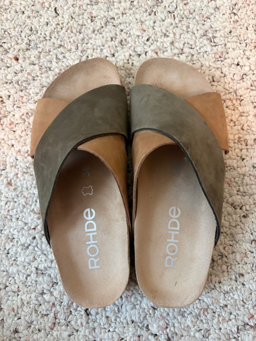 Rhodes Two-Tone Suede Slide Sandals in Olive & Tan